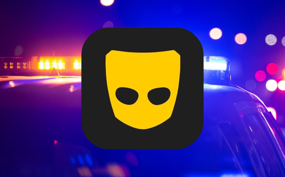 Grindr logo over police lights flashing