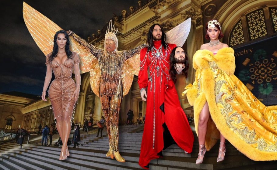 Composite image of Met Gala looks on the Metropolitan Museum steps, featuring dramatic gowns and theatrical fashion