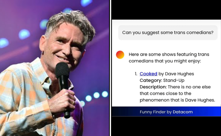 Dave Hughes alongside Melbourne Comedy Festival AI “Funny Finder” result incorrectly suggesting him as a trans comedian.
