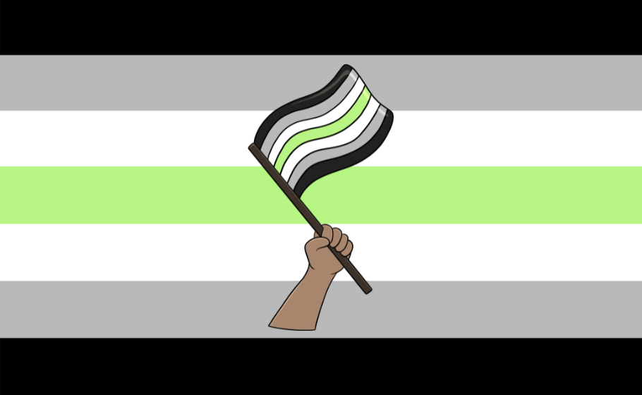 Horizontal stripes of black, grey, white, green, white, grey and black (top to bottom) appear underneath a cartoon image of a brown forearm and hand waving a flag of the same colours.
