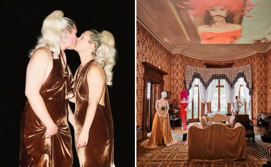 Side-by-side diptych. On the left; two people with matching platinum blonde ponytails, wearing matching brown velvet dresses, kiss in front of a black background. On the right, a room with patterned wallpaper, a projected image of a woman with a large pink hat on the ceiling, and mannequins dressed in elaborate gowns.