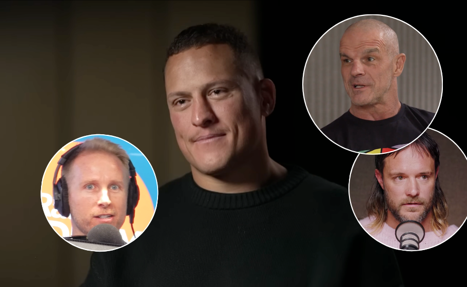 A collage of four men, with the largest image in the centre showing a man with close cropped dark hair in a black sweater. Three smaller circular images are overlaid on the right and left, showing a man with a shaved head and black t-shirt, a man with a mullet and pink sweater in front of a microphone, and a man with short blonde hear wearing headphones with a microphone.