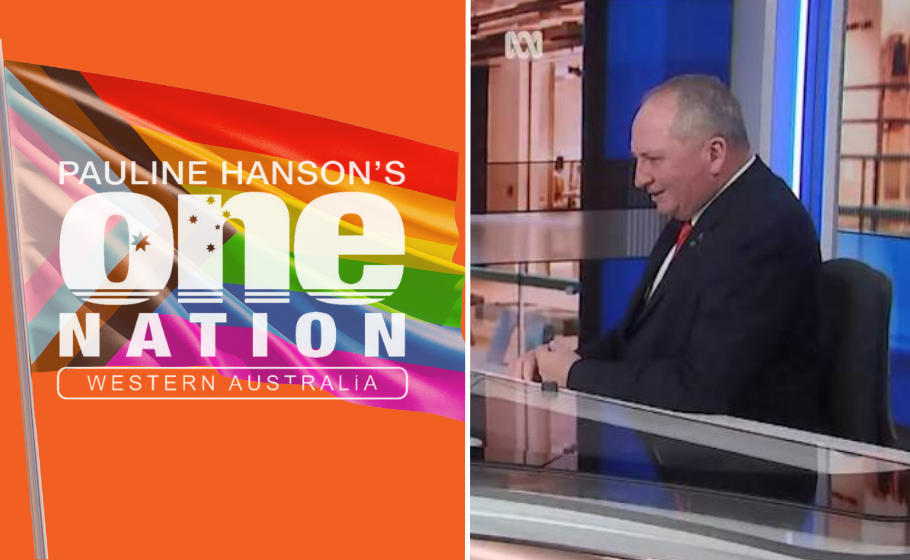 One Nation logo over pride flag (left). Barnaby Joyce (right)
