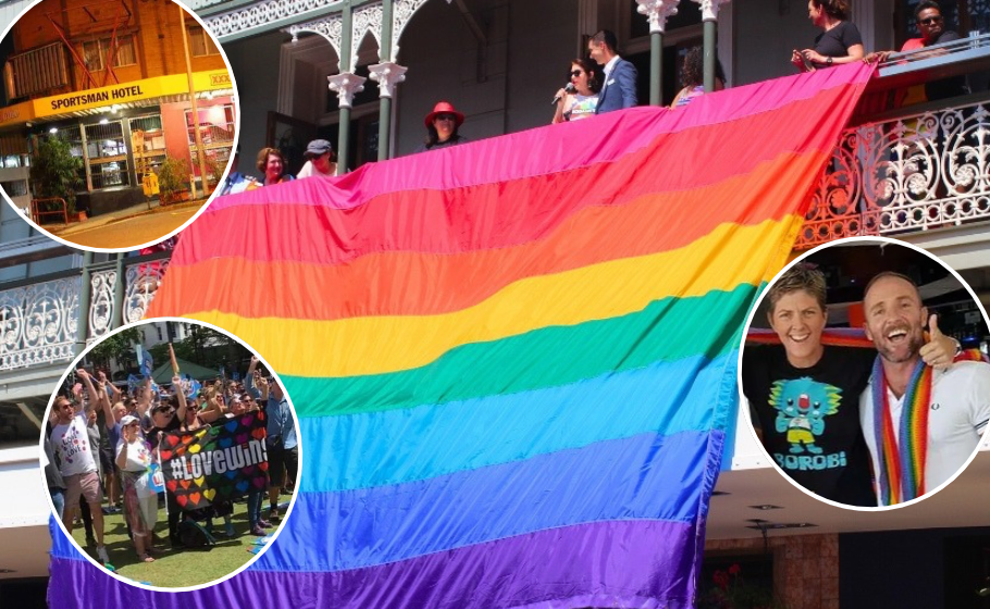 Replica rainbow flag unfurled at Brisbane Pride Festival's 2017 Rally/Sportsman Hotel, Gold Coast Commonwealth Games features Australia’s first ‘Pride House’ / Brisbane votes YES for Marriage Equality