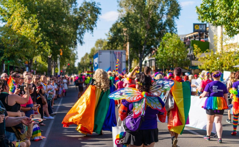 Wagga Wagga Mardi Gras parade with rainbow-clad participants and crowds lining the street