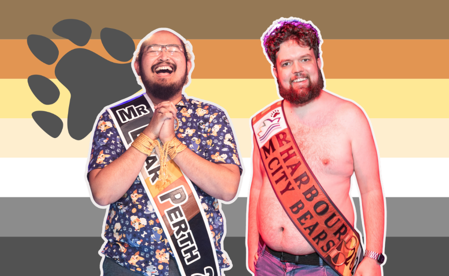 Composite Image: Mr Bear Perth 2026 and Mr Harbour City Bear 2026 behind the bear flag