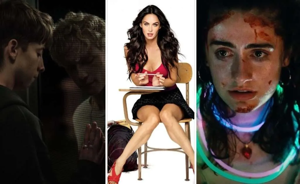 Stills from Levitics and Bodies Bodies Bodies and Meaghan Fox on the Jennifers Body Poster