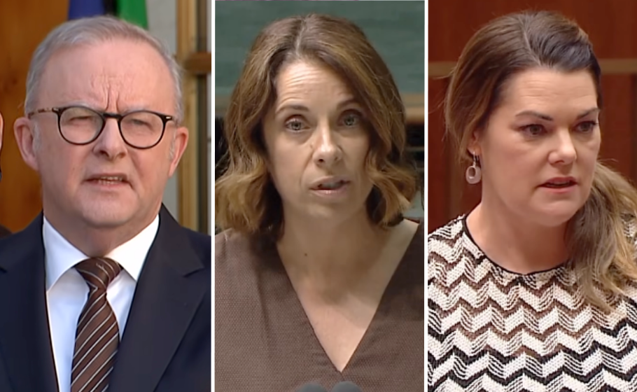 PM Anthony Albanese / ABC News Youtube (left). Labor Minister for Communications Anika Wells / Facebook (middle). Greens communications spokesperson Sarah Hanson-Young / Facebook (right).