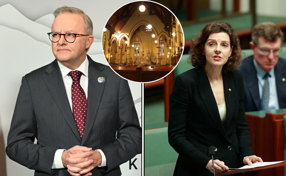 Composite image of Prime Minister Anthony Albanese and independent MP Allegra Spender, with a church interior inset.