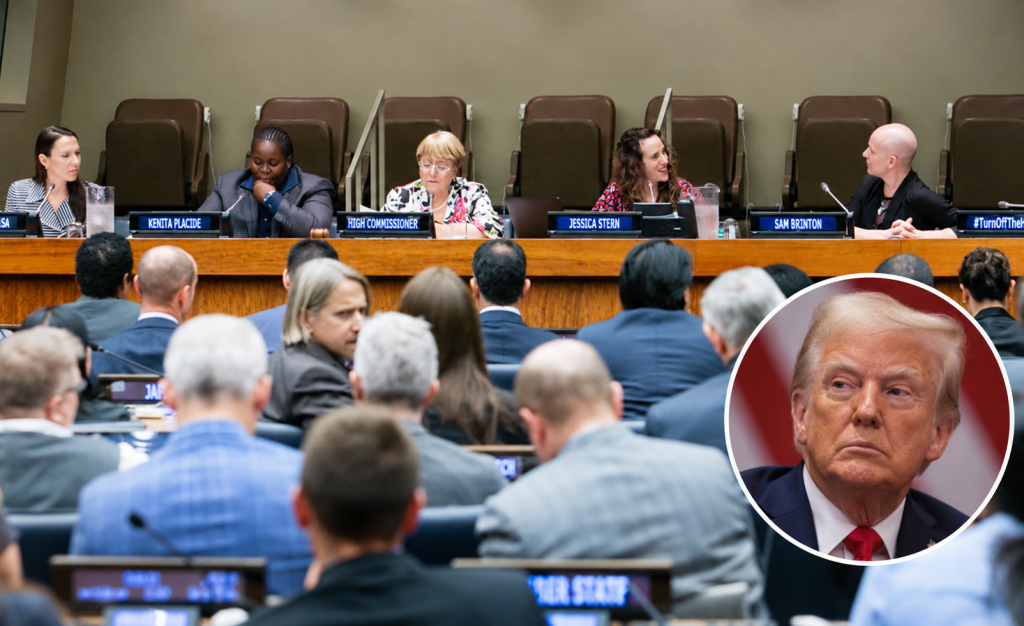 UN LGBTI Core Group meeting with an inset image of Donald Trump